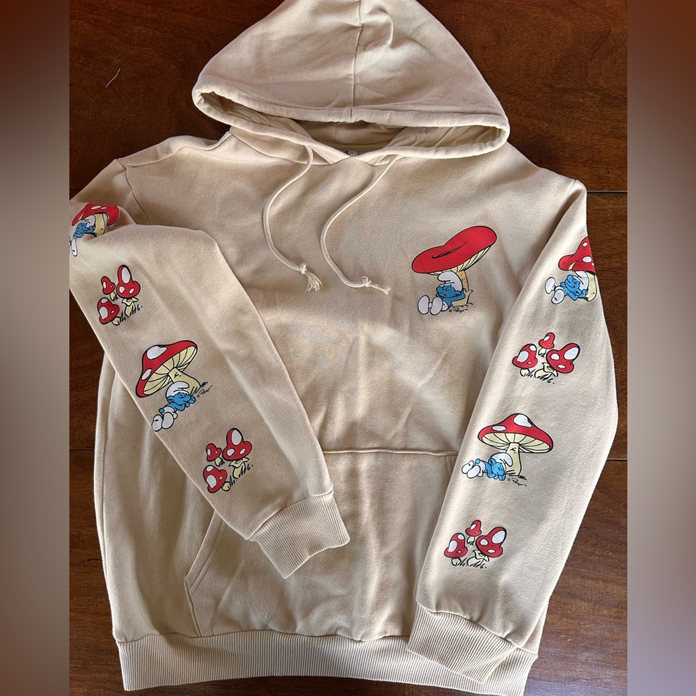 The Smurfs 2021 Mushroom Graphic Hoodie Size L Beige Licensed Peyo